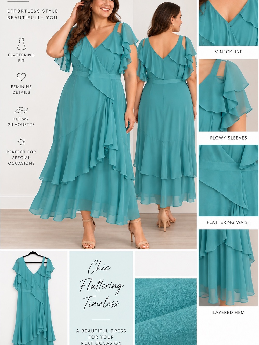 Lane Bryant Teal Ruffle Chiffon Midi Dress Size 18 NWT $119.95